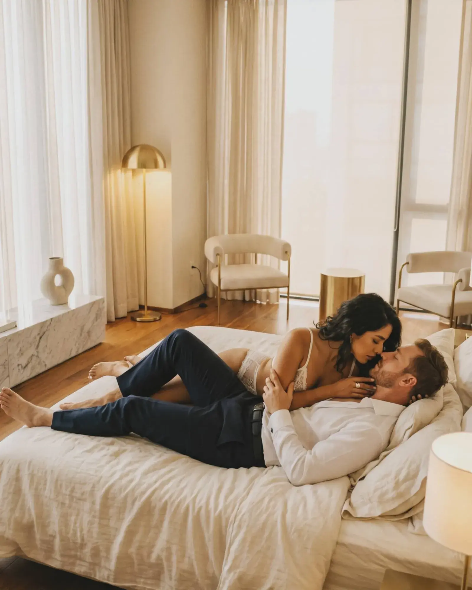 Pareja boudoir recostados en cama con luz dorada íntima CDMX